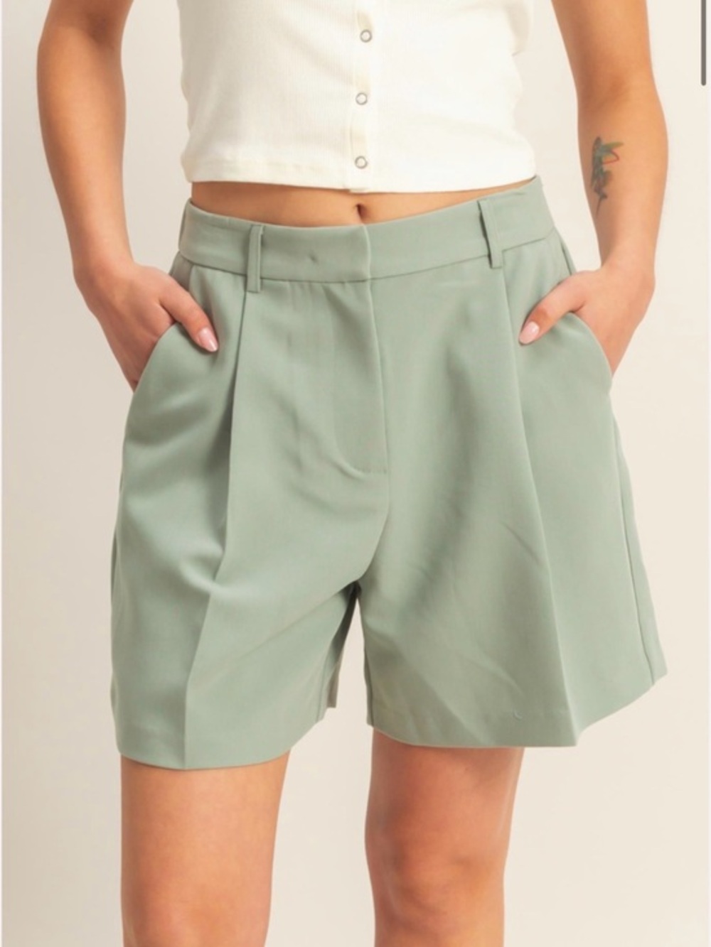 HYFVE High-Rise Sage Green Tailored Bermudas - NWT - Large